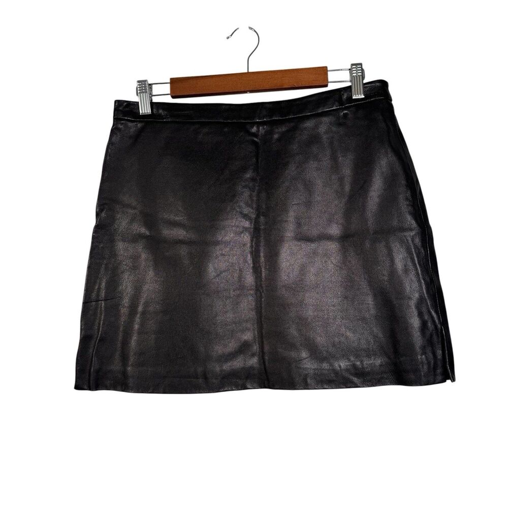 BCBG Max Azria Genuine Leather Mini Skirt Sz 10 Black Y2K 2000s Side Slit Lined